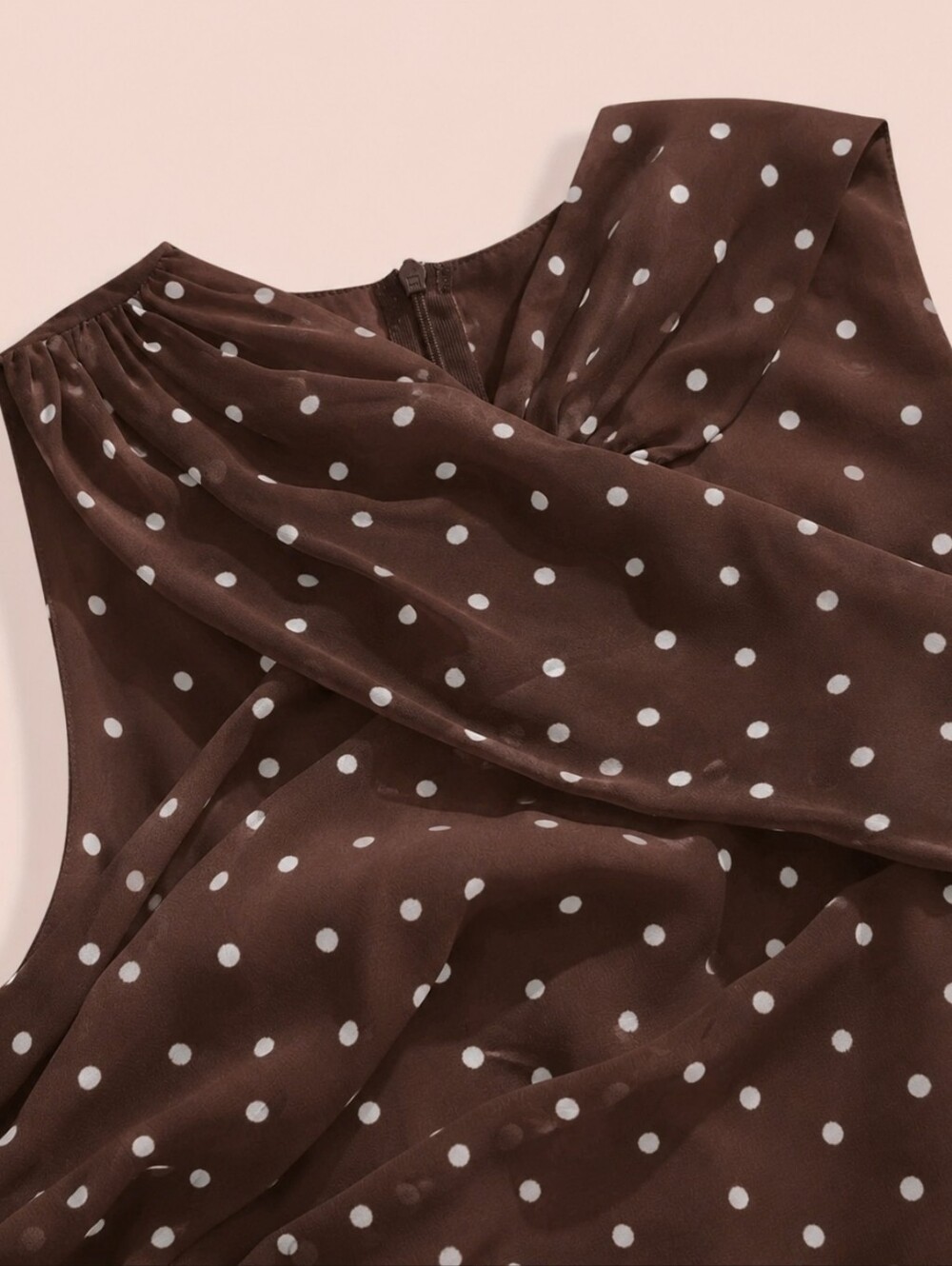 New Flowy Chiffon Polka Dot Halter Ruched Maxi Dress Brown White - Picture 9 of 13